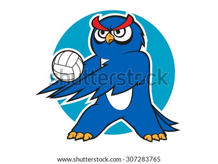 Blue owl volleyball player with a white ball, for sporting club or team mascot design 