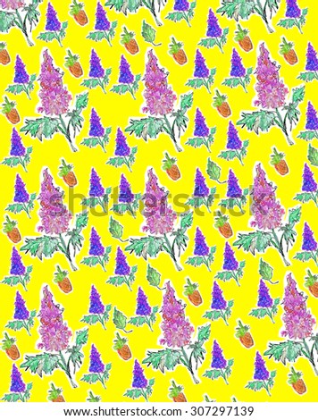 violet flower and pineapple watercolor background, pattern
