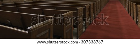 Panorama of brown wood church pews