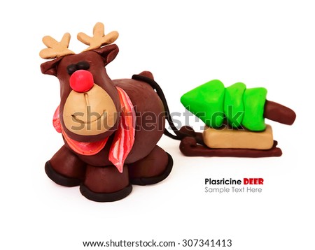 Plasticine cartoon deer with present cristmas tree on a white background