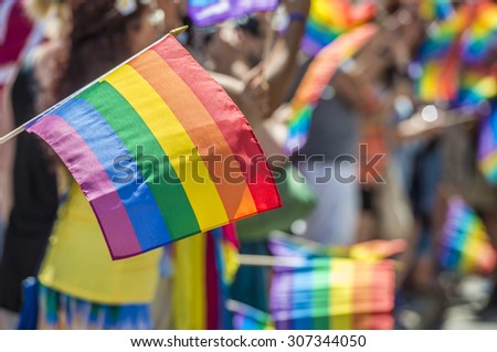 GayPride spectators carrying Rainbow gay flags during Montreal Pride March Royalty-Free Stock Photo #307344050