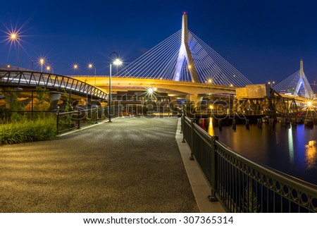 Panoramic view of the architecture of the Zakim Bridge in Boston, Massachusetts, USA at Sunset.