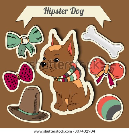 Hipster chihuahua dog with a set of toys: ball, bows, bone , hat. Hand drawn colorful stickers.