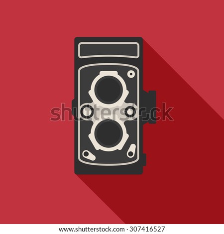 Retro camera icon with long shadow. Flat design style. Camera simple silhouette. Modern, minimalist icon in stylish colors. Web site page and mobile app design vector element.