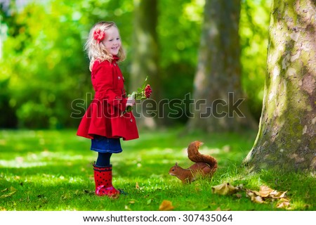 Girl feeding squirrel in autumn park. Little girl in red trench coat and rain boots watching wild animal in fall forest with golden oak and maple leaves. Children play outdoors. Kids playing with pets
