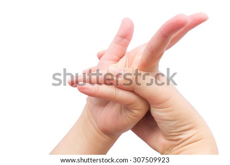 Flexing muscle on finger for heal office syndrome on isolated background.