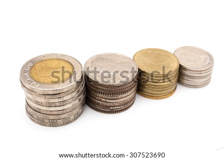 stack of thai coins on white background