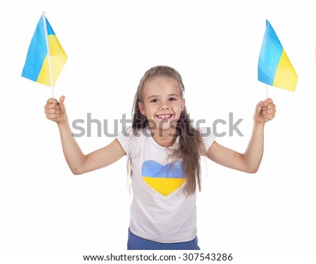 girl in Ukrainian symbols, flags on a white background
