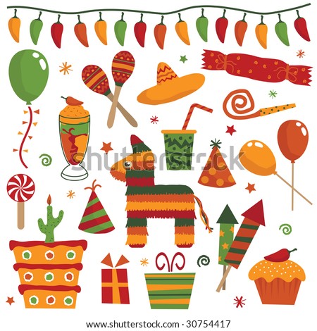 mexican party decorations with balloons, gifts, cakes, pinata, maracas and sombrero