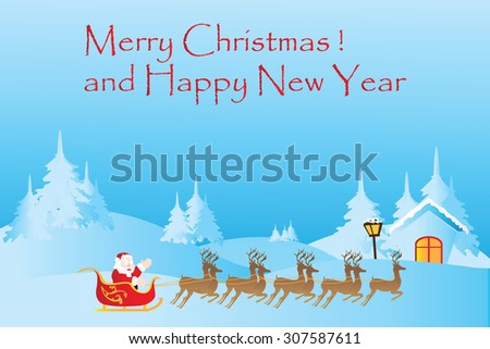 Christmas background with reindeer and Santa Claus, vector illustration.