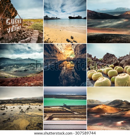 collage  photos beautiful views of  Lanzarote, Canary Islands, Spain