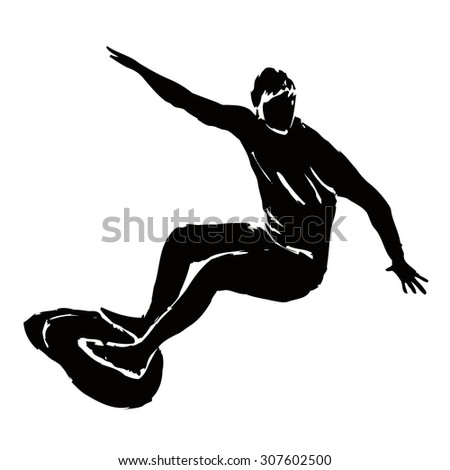 silhouette surfer man on surfboard, black and white sketch, white background 