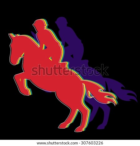 color silhouette , rider on horse, black background , isolated sketch