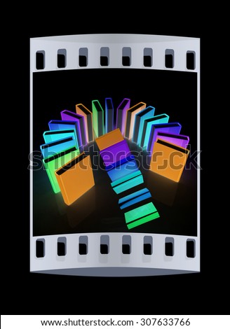 Colorful books flying on a black background. The film strip