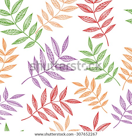 Vector seamless natural pattern with autumn colored leaves of rowan berry in doodle style.