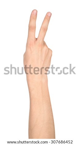 Hand showing the sign of victory and peace closeup isolated on white background