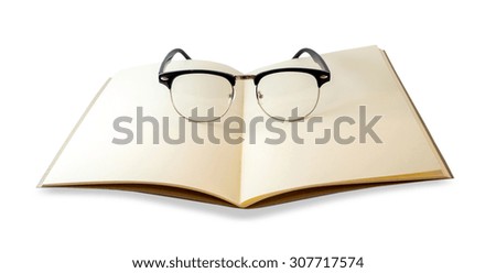 Brown notebook opened and eye glasses hipster look isolated on white background