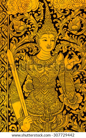 Traditional Thai style art painting on door of the temple