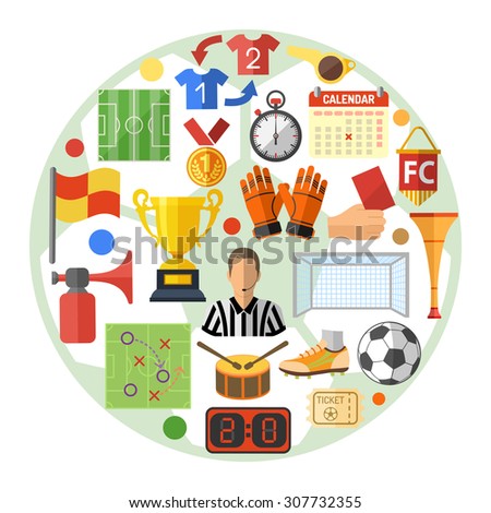 Soccer and Football Flat Icon Concept for Flyer, Poster, Web Site like Referee, Ball and Trophy.