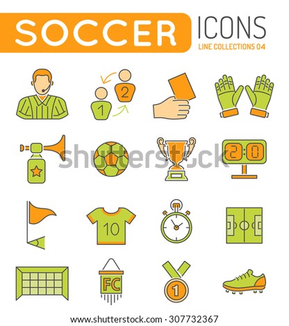 Soccer and Football Thin Lines Color Web Icon Set with Flat Elements for Flyer, Poster like Referee, Ball and Trophy.