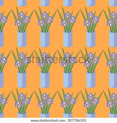 Vector seamless pattern with bouquets of iris flowers in blue vase on the orange background. Vintage texture. Botanical backdrop.