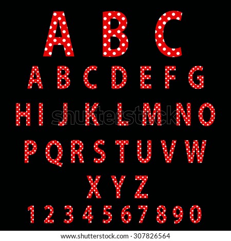 Polka Dot Alphabet. Red alphabet design in white polka dots on a black background