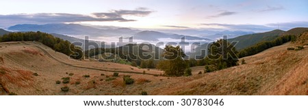 Evening Carpathian Mountains (Ukraine) landscape. Three shots composite picture.