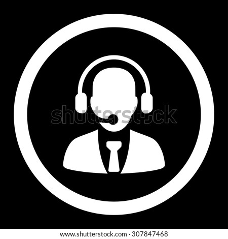 Call center vector icon. This rounded flat symbol is drawn with white color on a black background.