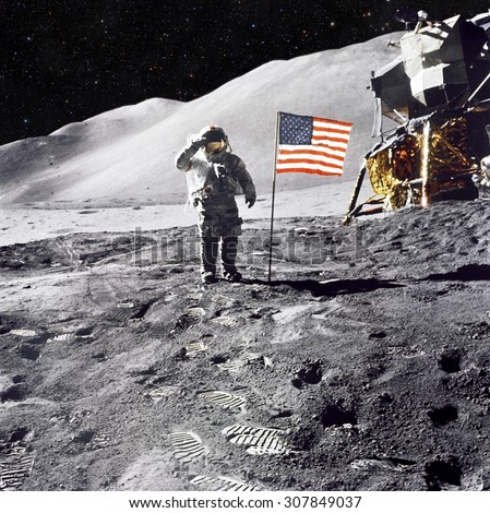 Astronaut on lunar (moon) landing mission. Elements of this image furnished by NASA. Royalty-Free Stock Photo #307849037
