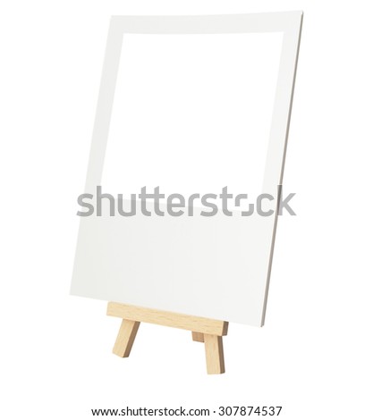 Rustic Easel Style Wooden Tripod (Picture Frame Stand) with Blank Photo isolated on white with clipping path