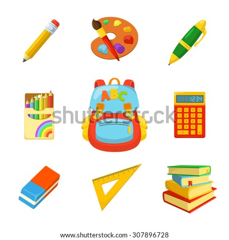 School bag and stuff. Children's backpack and stationery. School year beginning. Education design elements. 