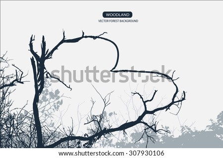Trees and branches heart shape  silhouette in aqua. Detailed vector illustration. Forest banner.