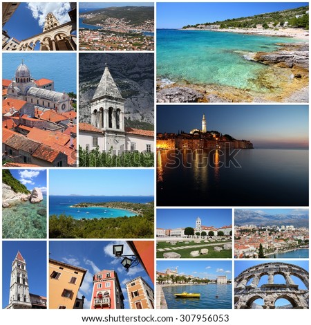 Croatia travel photo set - collage with Dalmatia coasts, Split, Trogir, Pula, Rovinj, Makarska, Sibenik and Zadar.