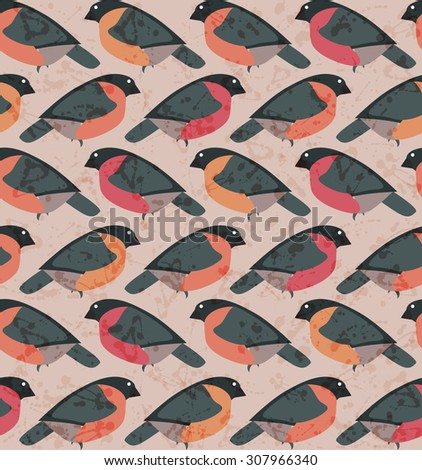Stylized seamless beige pattern with red bullfinches