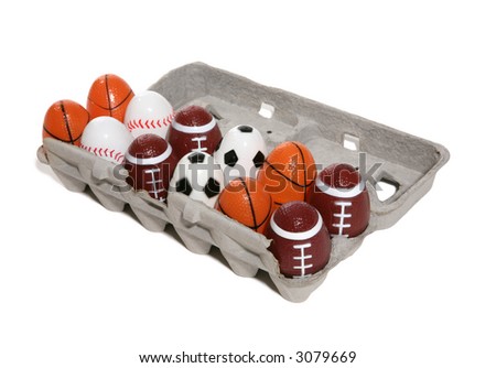 A carton of baseball, soccer, football, and basketball Easter themed sports eggs