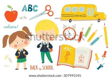 School set : characters and objects. Children in school uniforms with backpacks. School bus, school supplies. Education background. Flat style. Cartoon vector clip art illustration on white background