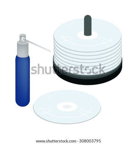 Computer and Technology, CD or DVD Compact Disc with Cleaning Liquid or Cleaning Solution Isolated on White Background.