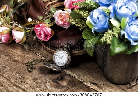 Clock, photo, shoes, travel accessories. still Life misses Vintage toned image