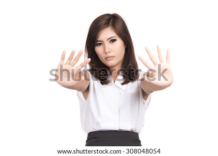 Asian woman showing denial with NO on her hand with blank copy space,Portrait of beautiful Asian woman, Thai girl, Negative human emotion expression, isolated on white background
