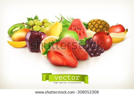 Harvest juicy fruit and berries, vector illustration isolated on white Royalty-Free Stock Photo #308052308