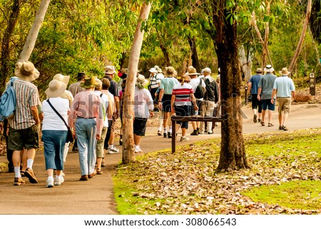 group of old and healthy people walking in the nature Royalty-Free Stock Photo #308066543