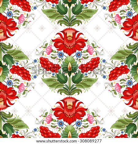 Vector seamless background. Floral ukrainian pattern in the style of Petrykivka painting and background with ornament similar to embroidery.