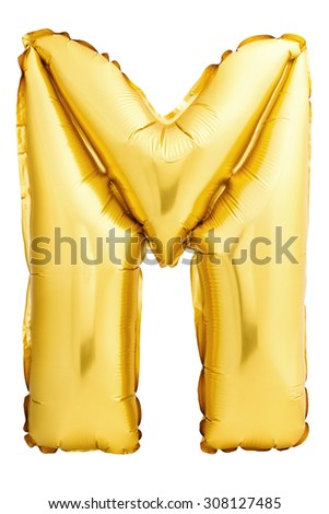 Golden letter M made of inflatable balloon isolated on white background