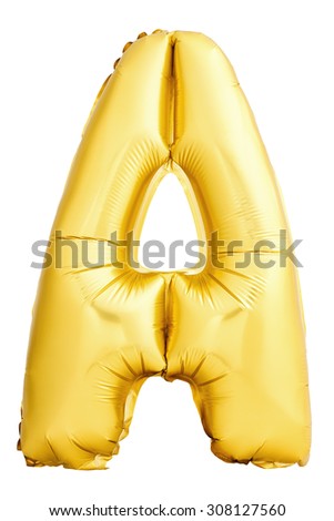 Golden letter A made of inflatable balloon isolated on white background