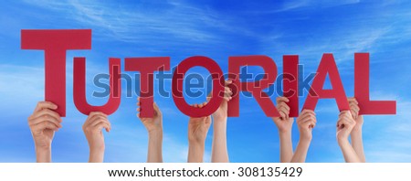 Many Caucasian People And Hands Holding Red Straight Letters Or Characters Building The English Word Tutorial On Blue Sky