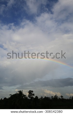Rainbow over clouds in the blue sky