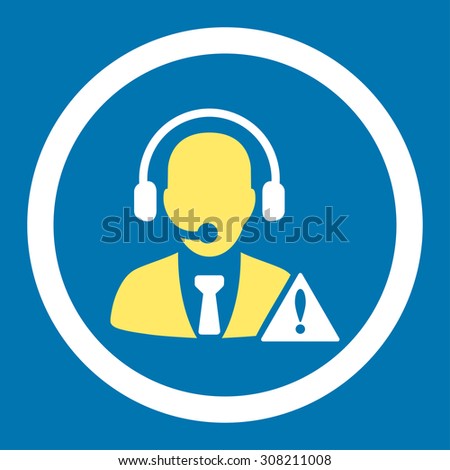 Emergency service vector icon. This rounded flat symbol is drawn with yellow and white colors on a blue background.