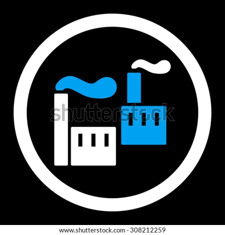 Industry vector icon. This rounded flat symbol is drawn with blue and white colors on a black background.