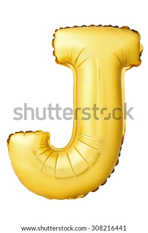Golden letter J made of inflatable balloon isolated on white background