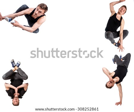 Multiple image of young man break dancing over white  background